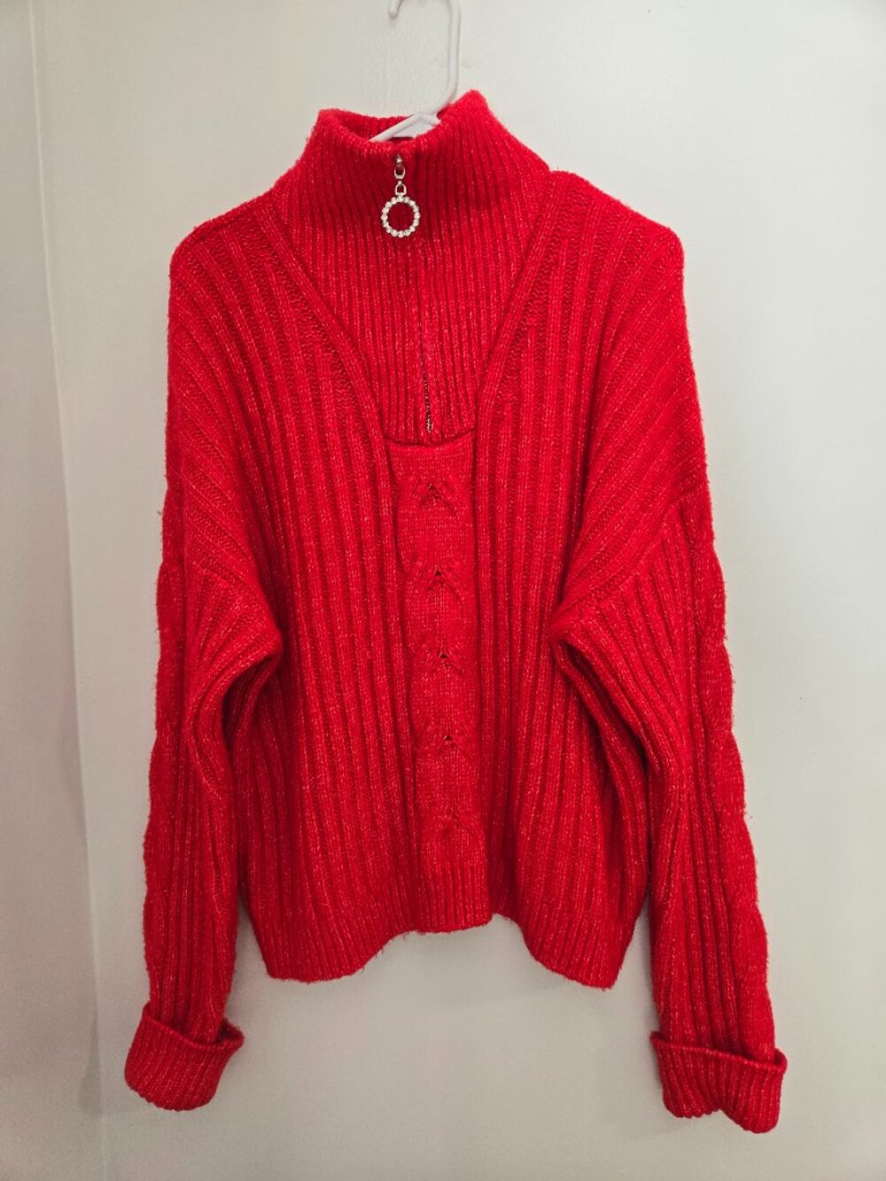 Venus Women's Red Cable Knit 1/4 Zip Mock Neck Sweater Size L